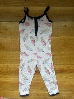 Girls White Ice Cream Print Pajama Romper with Black Trim